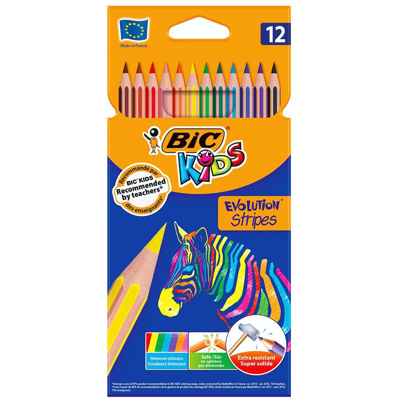 CRAYON DE COULEUR BIC 12 COUL LONG EVOLUTION STRIPS