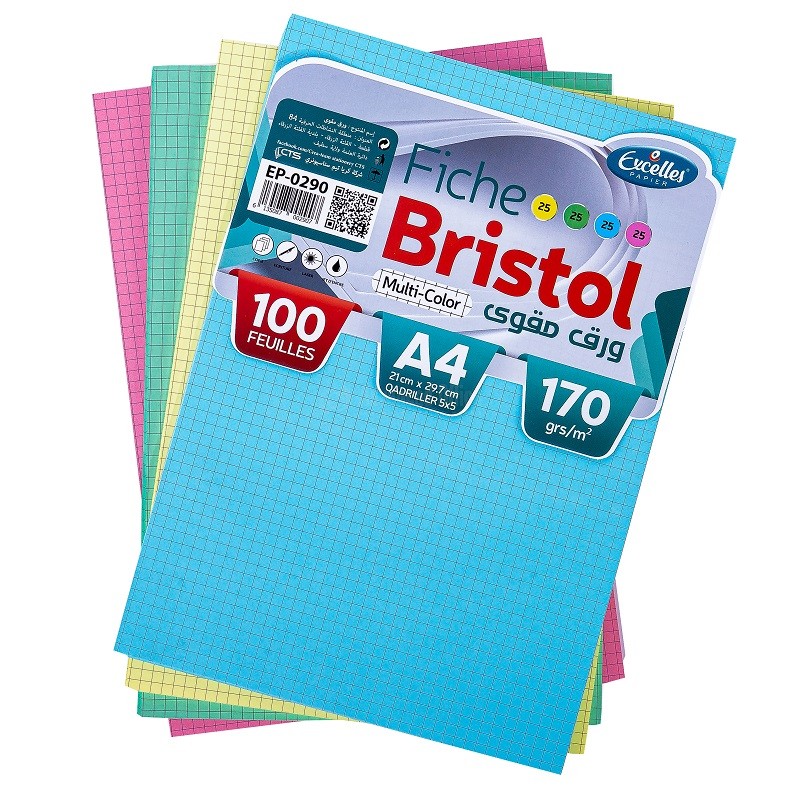 PAPIER BRISTOL A4 QUADRILLÉ 4 COULEURS EXCELLES 100F EP-0290