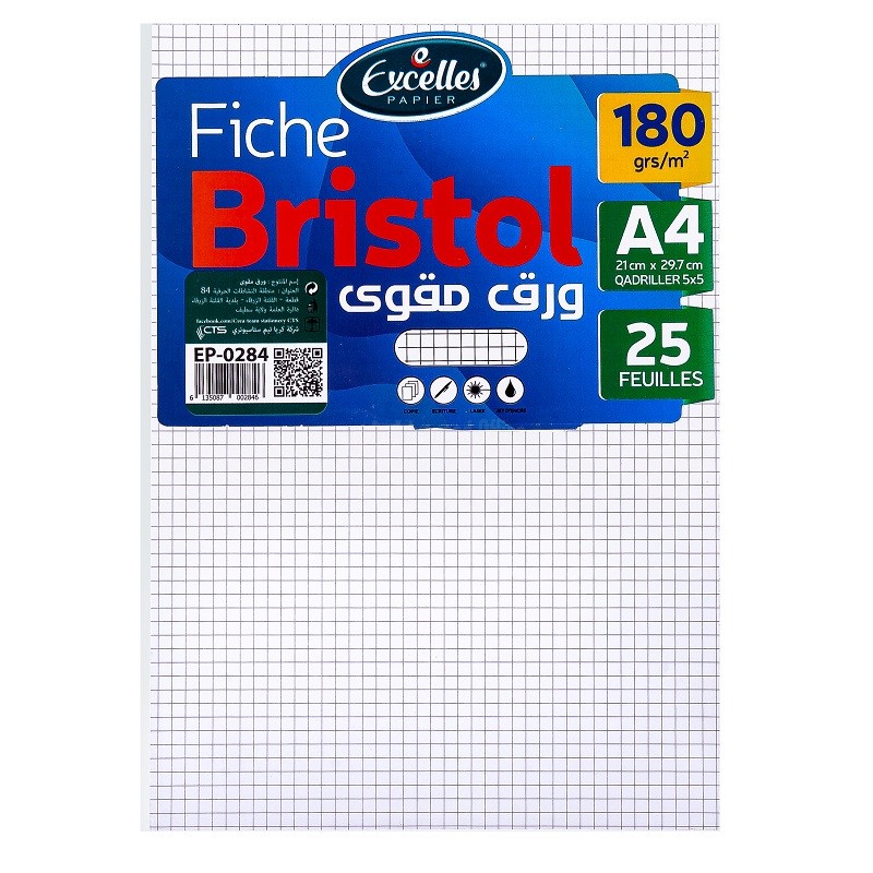 PAPIER BRISTOL A4 QUADRILLÉ COULEURS EXCELLES 20F EP-0077